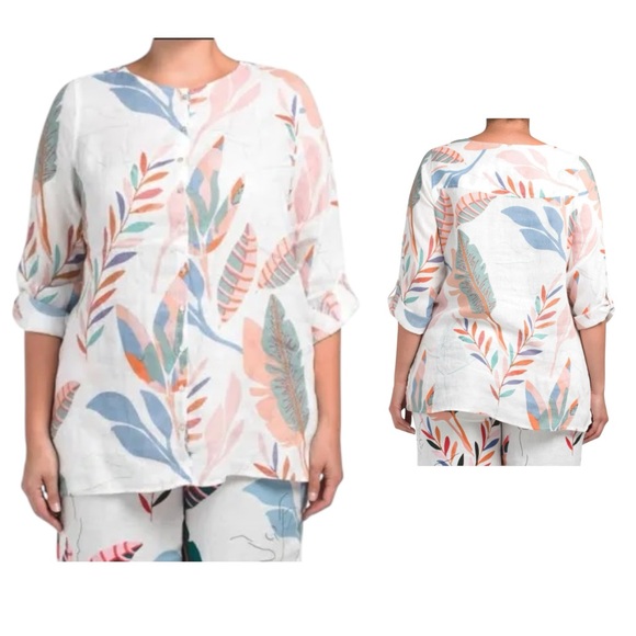 Cynthia Rowley 100% Linen Long Roll Tab Sleeve Button Down Tunic Size 1X NWOT - Picture 1 of 8